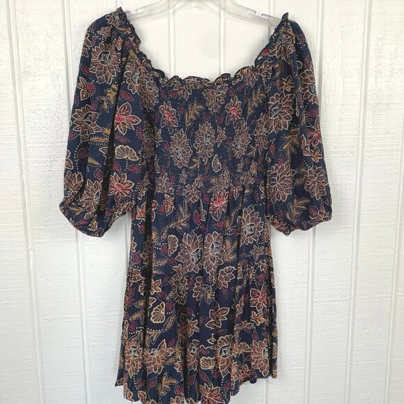 Angie Women Floral Smocked Blue Short Sleeve Mini Dress Western Boho Size Large - Picture 8 of 8